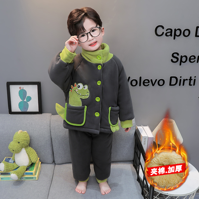 男童加厚睡衣冬季男孩卡通加绒加棉家居服套装儿童宝宝三层大棉衣