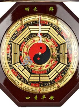 五行风水太极罗盘八卦钟表挂钟时来运转静音客厅电子盘钟桃木家用