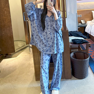 法式 外穿 宫廷风棉绸睡衣女春夏季 甜美碎花防凸点带内衬家居服套装