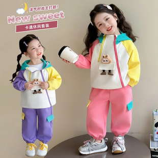女童拼色运动套装春秋2026新款女宝宝连帽卫衣休闲裤两件套中小童