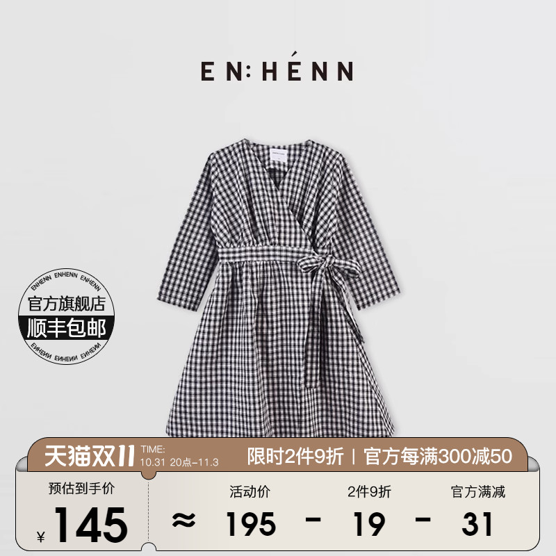 enhenn童装女童黑白格子连衣裙新款春秋长袖儿童公主裙宝宝裙子