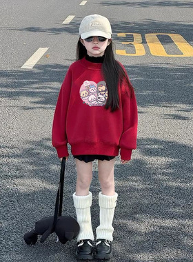 吉伊卡哇纯棉加绒卫衣女童2026新款红色新年上衣冬宽松洋气学生装