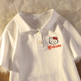 女童纯棉短袖Polo衫2024夏装新款HelloKitty翻领中大童t恤上衣ins