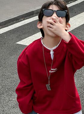 男童春秋款卫衣2026新款红色字母假两件长袖洋气男孩时髦休闲上衣