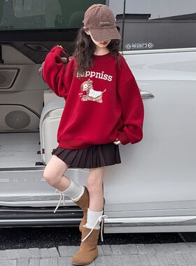 红色女童新款加绒卫衣女孩小马新年本命年上衣洋气百搭秋冬拜年服