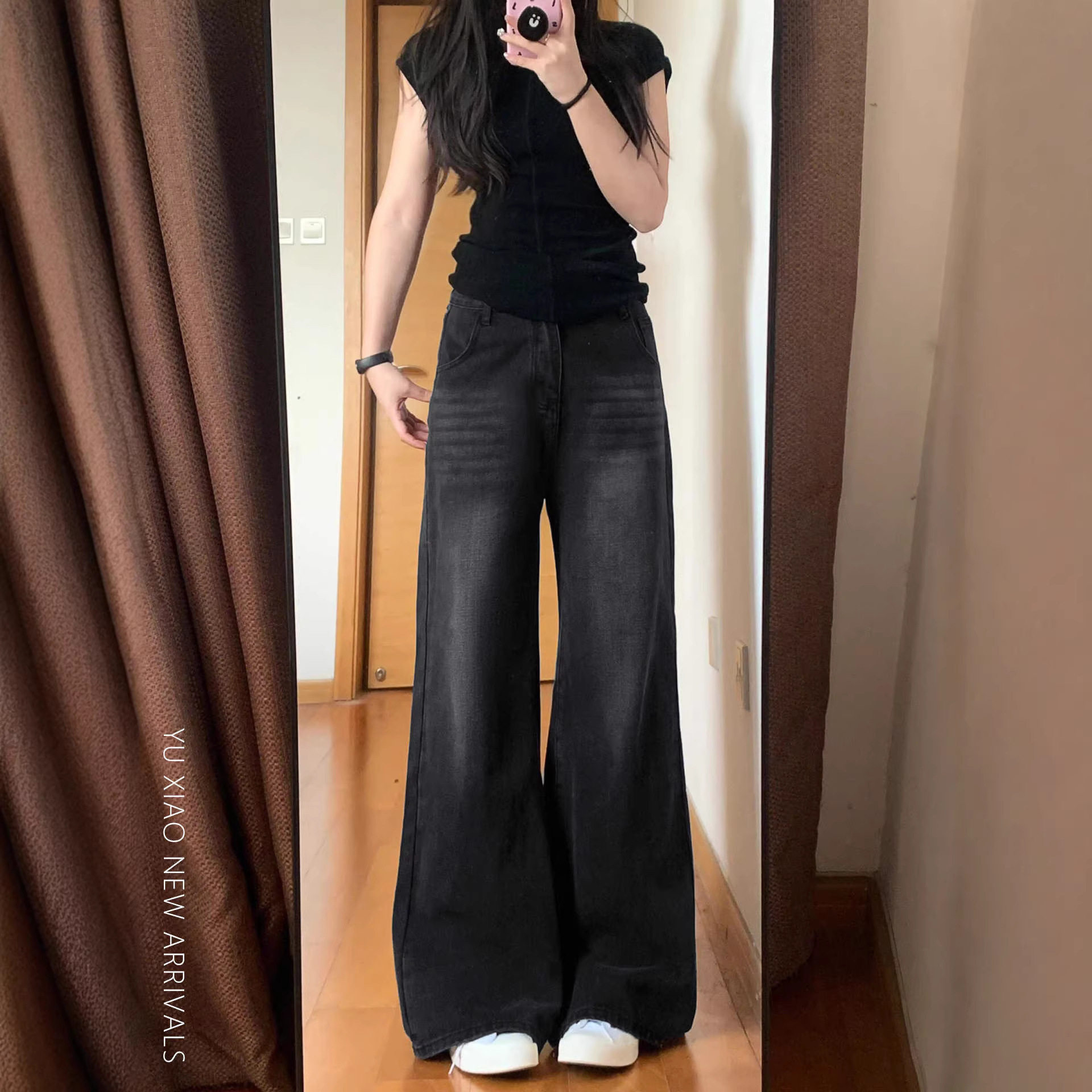 黑灰色阔腿牛仔裤女春季新款高腰宽松大码胖mm显瘦梨形身材直筒裤