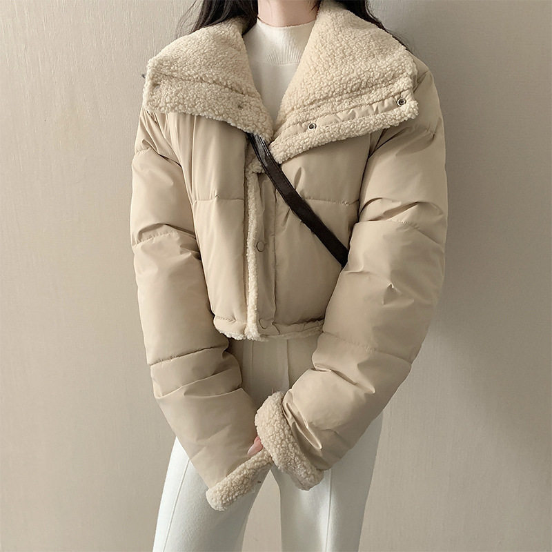 短款外套女韩版翻领仿羊羔毛棉服宽松双面穿长袖面包服外搭棉衣冬