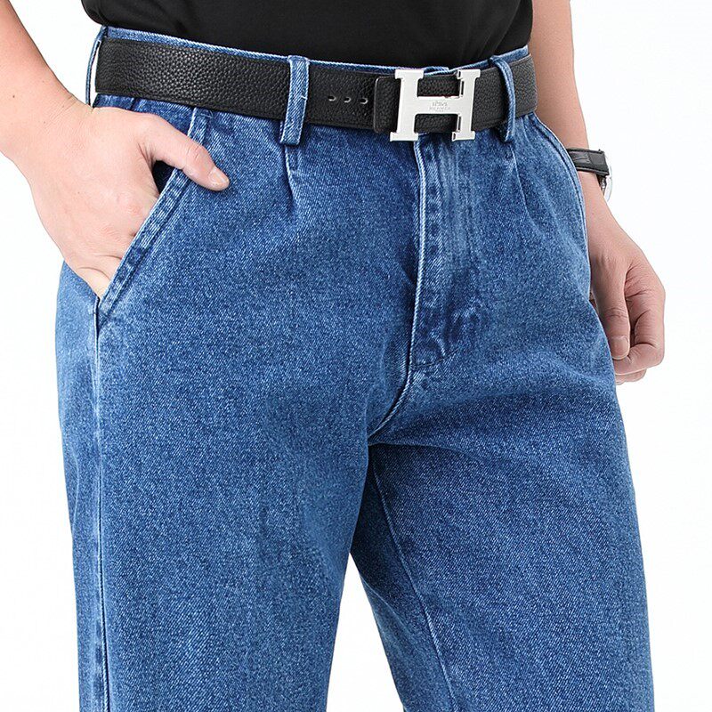 苹果牛仔裤男秋冬宽松直筒纯棉高腰深裆中老年斜口袋高档休闲男裤