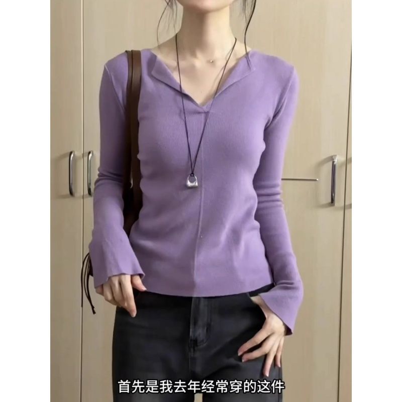 紫色V领修身长袖针织衫上衣女秋季穿搭内搭打底衫修身设计感毛衣