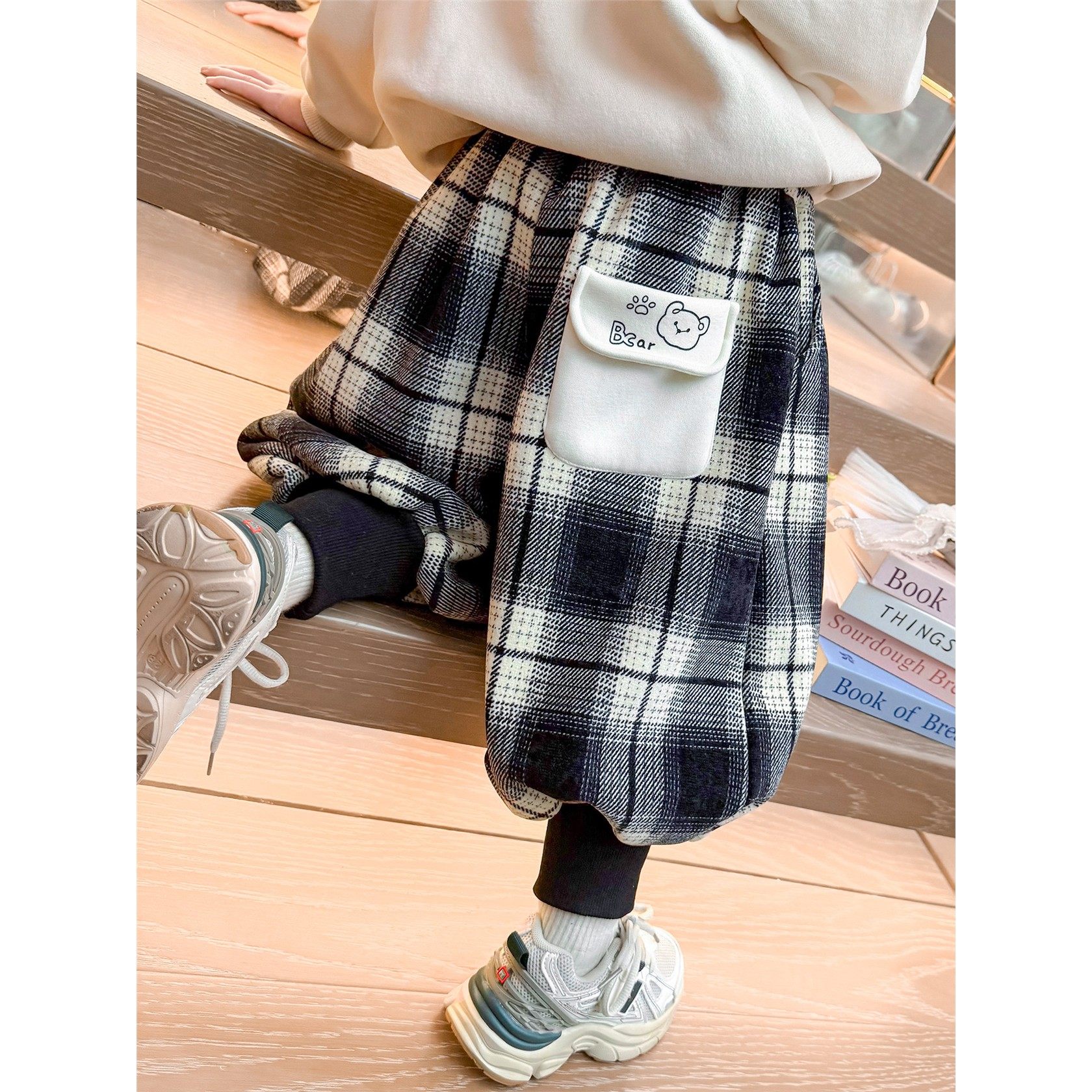 女小童小熊口袋加绒卫裤秋冬款女宝宝加厚一体绒冬装儿童运动长裤,女装/女士精品,卫裤,淘宝优惠券,粉丝福利购,淘宝优惠卷