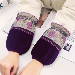 秋冬金丝绒蕾丝短款羽绒服防污护袖套成人女士学生红色套袖头手袖