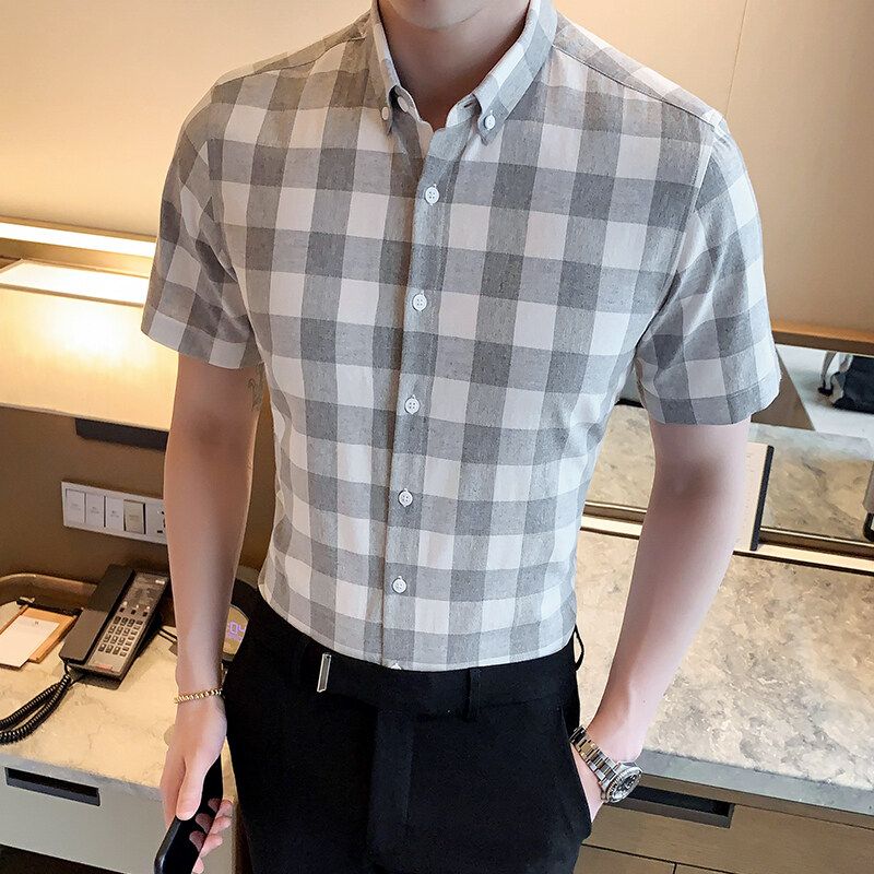 格子衬衫男短袖夏季潮流韩版修身休闲百搭寸衫男士衬衣