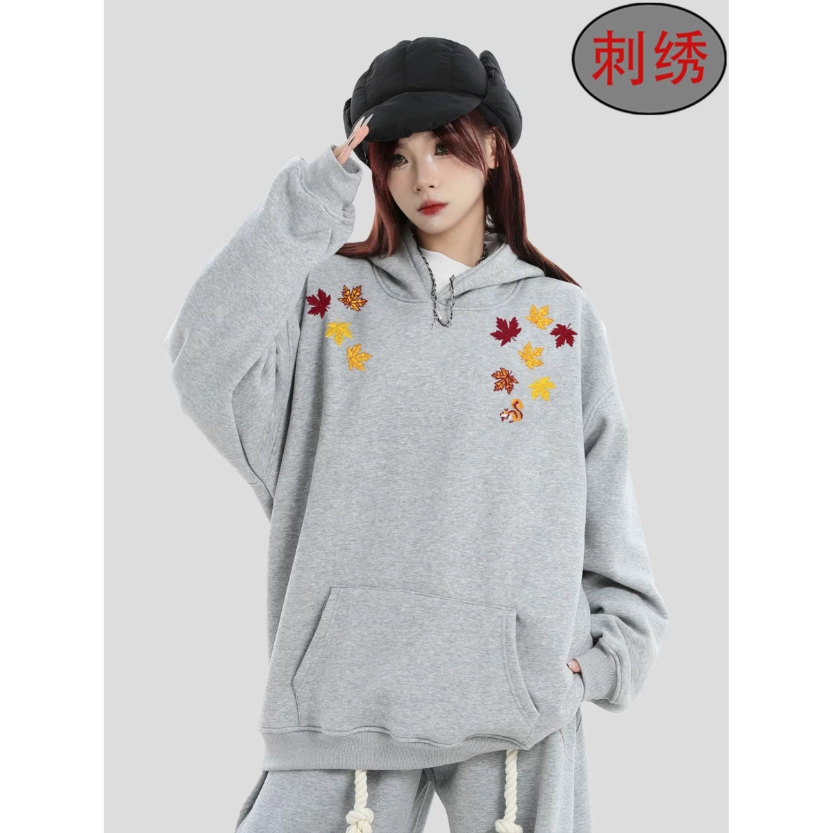高质量刺绣连帽卫衣WM8181款S-3XL黑色白灰色浅灰色薄加绒48