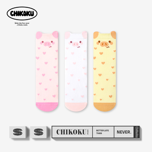 chikoku可爱小猪中筒袜女春夏薄款 卡通无骨少女甜美粉色吸汗棉袜