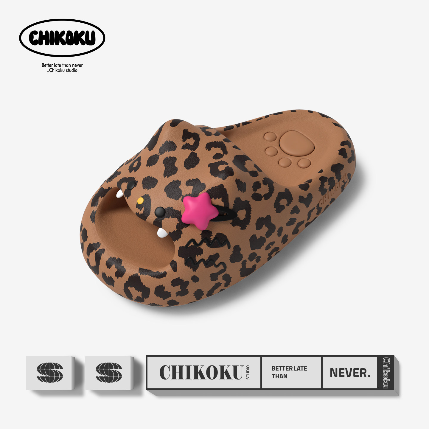 chikoku豹纹小猫足弓拖鞋女夏天居家舒适厚底抑菌凉拖情侣室内EVA