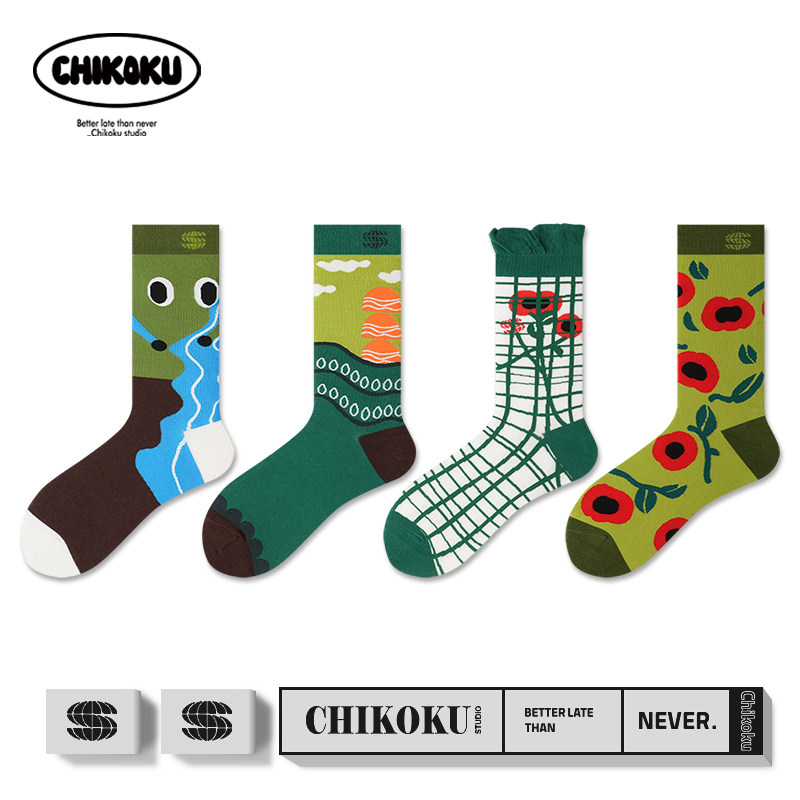 chikoku袜子女款秋冬复古油画法式时尚高筒长袜小腿袜ins潮外穿,女士内衣/男士内衣/家居服,中筒袜,淘宝优惠券,粉丝福利购,淘宝优惠卷