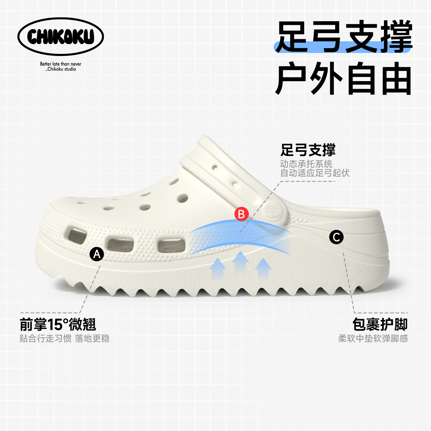 chikoku月芽高足弓支撑洞洞鞋女夏新款厚底拖鞋男外穿防滑沙滩鞋