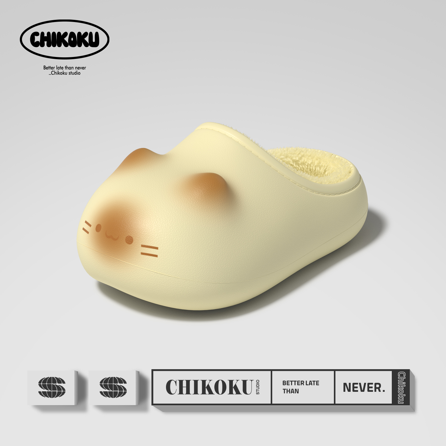 chikoku可爱小猫可抽洗棉拖鞋女冬季加绒保暖情侣居家防水棉拖男