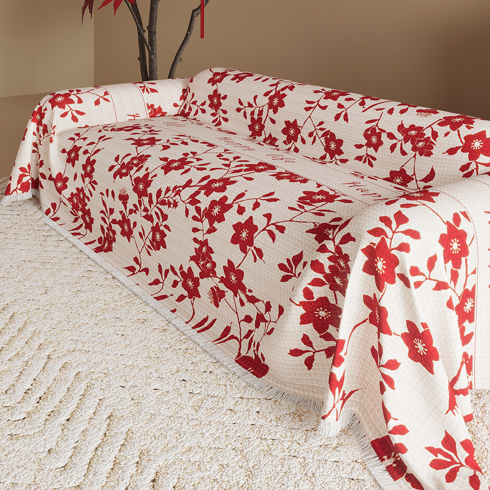 红色海棠喜庆新婚新年过年沙发巾盖布四季通用全包全盖套罩防滑