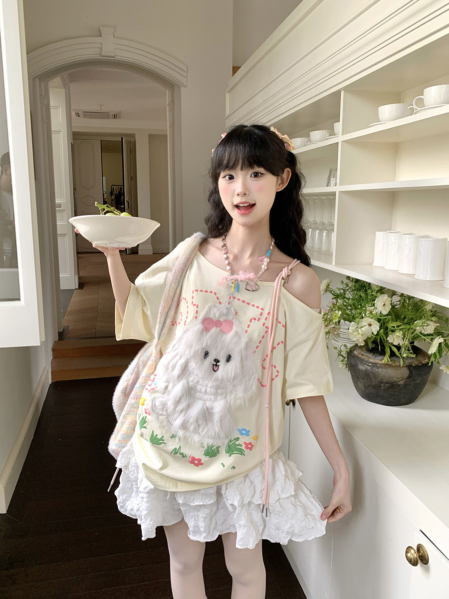 Mdada milk sweet girl art новорожденный плюшевый щенок, вышитая милая футболка с короткими рукавами, свободный топ без бретелек Изображение 1