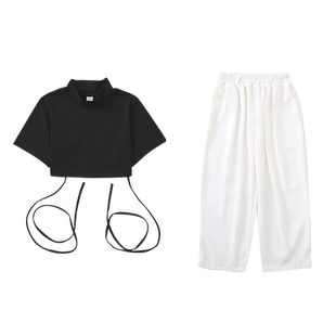 jazz露脐短袖上衣女童洋气爵士舞嘻哈风演出套装直筒阔腿西装长裤