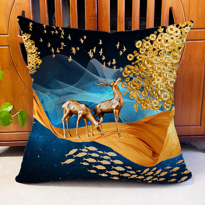 新中式轻奢麋鹿山水画棉麻抱枕客厅装饰福禄双全办公室沙发腰靠垫,居家布艺,靠垫/抱枕,淘宝优惠券,粉丝福利购,淘宝优惠卷