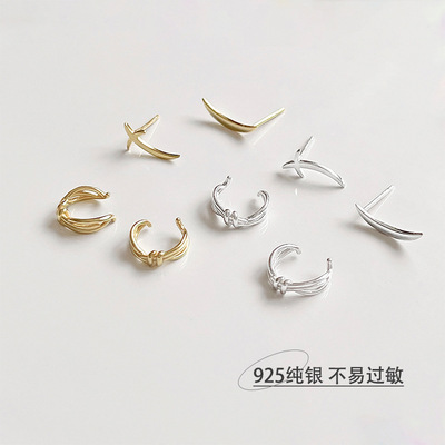 月牙耳钉925纯银女简约缠绕小众冷淡风无耳洞耳夹ins韩式时尚耳饰