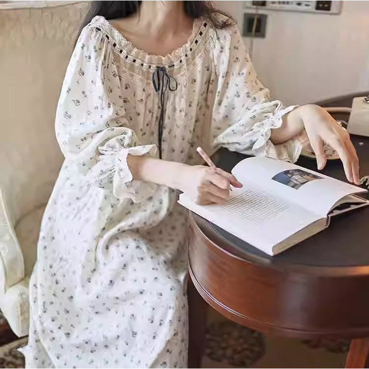 法式甜美带胸垫双层纱碎花宽松睡裙复古仙女公主风家居服长裙睡衣