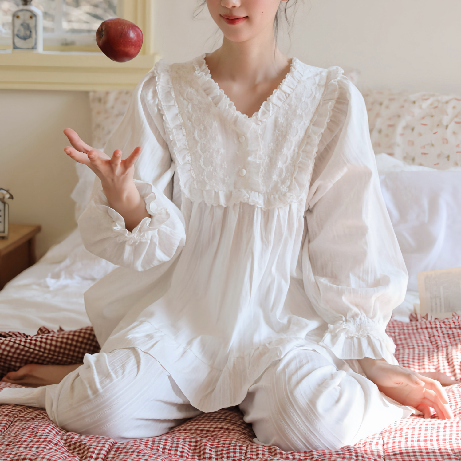 韩国春秋睡衣女可外穿高级感法式纯棉宫廷风柔软夏季白色家居服