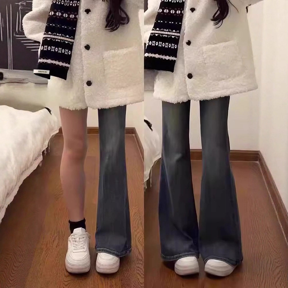 春款弹力牛仔裤女高街复古设计感大码女士高腰显瘦微喇垂感长裤