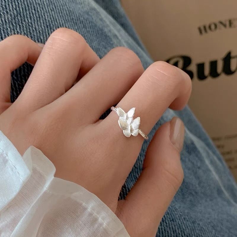 S999纯银蝴蝶戒指女小众设计食指戒女轻奢高级感素圈开口戒新款潮