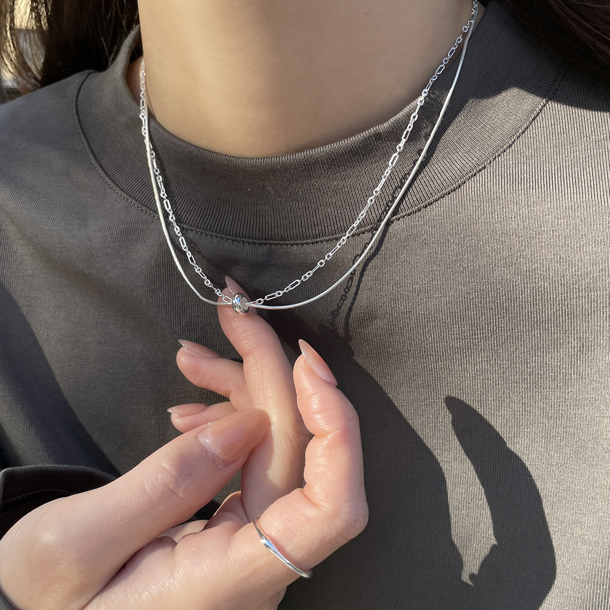 轻奢时尚双层叠戴风纯银圆珠项链女精致百搭高级感蛇骨链新款颈链