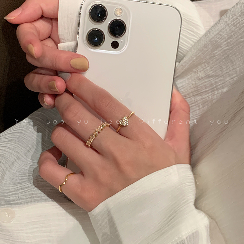 精致锆石爱心戒指三件套女时尚个性冷淡风小众高级感可调节食指环