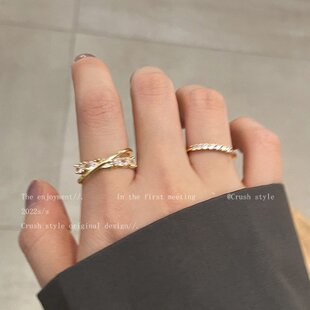 个性 金色交叉锆石开口戒指女时尚 可调节食指戒ins潮轻奢高级指环