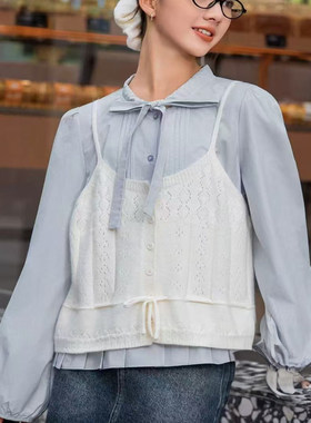 85179 秋款三件套衬衣针织吊带发圈套装