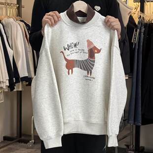 24797 秋冬款条纹小狗纯色拼接中领卫衣加绒加厚