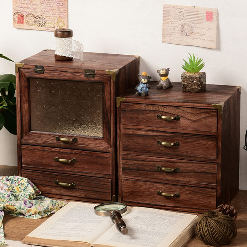 众盟实木复古桌面收纳木柜摆件