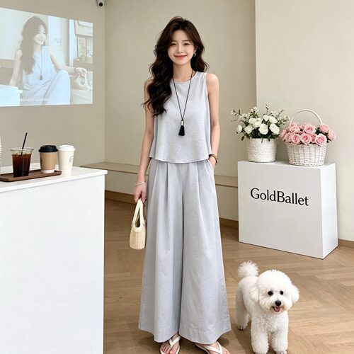 韩系简约无袖背心阔腿裤套装女2026夏新款显瘦休闲两件套