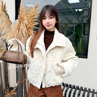 2025秋冬新款时尚韩版简约休闲百搭菱格纹翻领短款棉服外套女