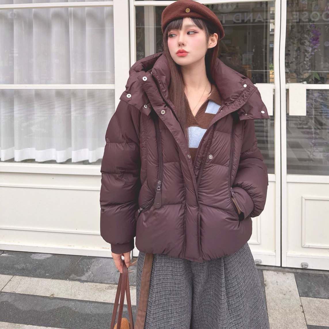 2025冬季新款拉链设计感短款百搭减龄连帽羽绒服女轻薄保暖外套