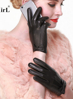 真皮手套女士冬天开车骑行加厚加绒保暖羊皮手套女蝴蝶结薄款触屏