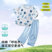 2025新款女童睡衣夏儿童薄款纯棉空调服套装男短袖七分裤家居服
