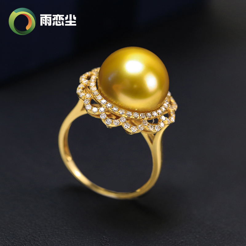 玫瑰系列款深金色南洋金珠戒指18K金钻石天然海水珍珠指环正圆