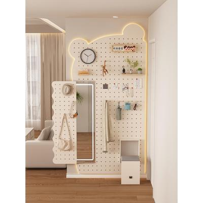 创意小熊洞洞板换鞋凳穿衣镜一体入户玄关门后墙上置物架白色定制