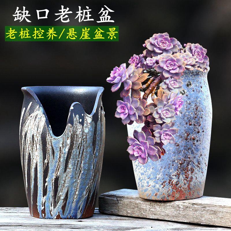 特大号多肉的花盆陶瓷缺口悬崖紫乐老桩紫砂盆切口阳台家用粗陶32