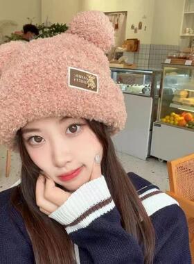 韩系帽子女秋冬可爱小熊毛绒帽加绒加厚保暖针织帽百搭套头毛线帽