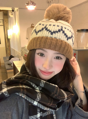 可爱百搭毛球针织帽女秋冬保暖护耳毛线帽子休闲冷帽学生