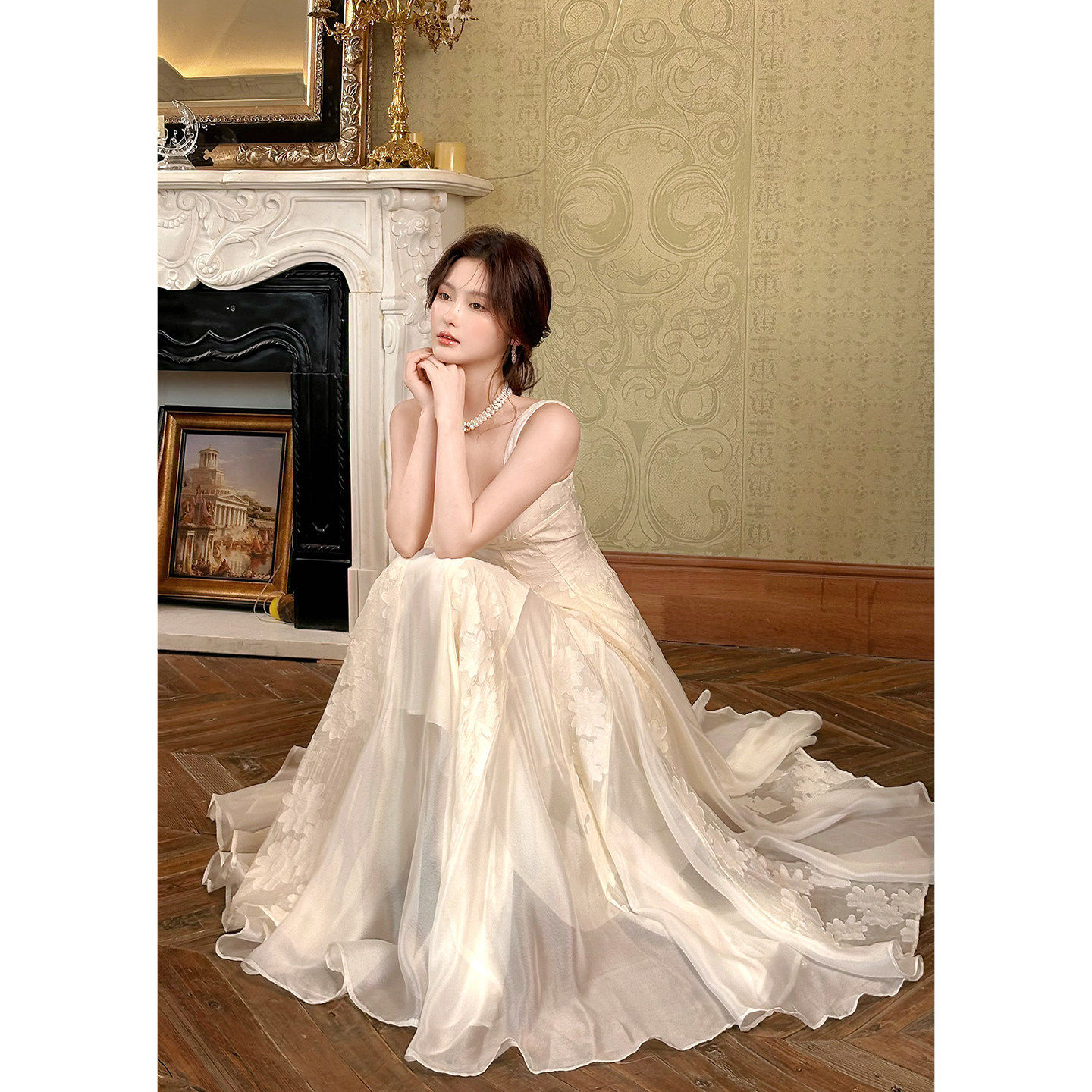 Good Job【清风花朵】法式千金高级感吊带连衣裙薄纱方领生日礼服