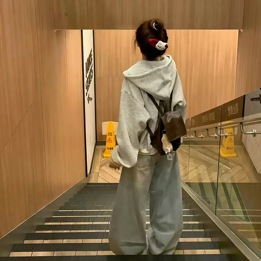 仿棉华棉复合美式条纹慵懒风开衫连帽卫衣女秋冬季新款宽松外套潮