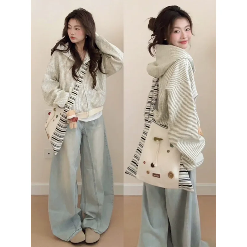 仿棉华棉复合2026新款条纹连帽卫衣女秋季宽松chic慵懒风复古外套